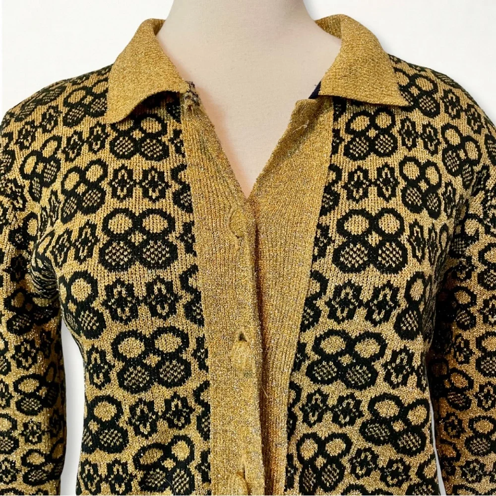 Vintage 60s 70s Gold and Black Metallic Lurex Collared Cardigan Sweater - Picture 3 of 10